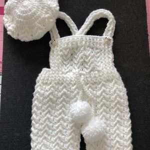 Crochet baby boy white jumper set.